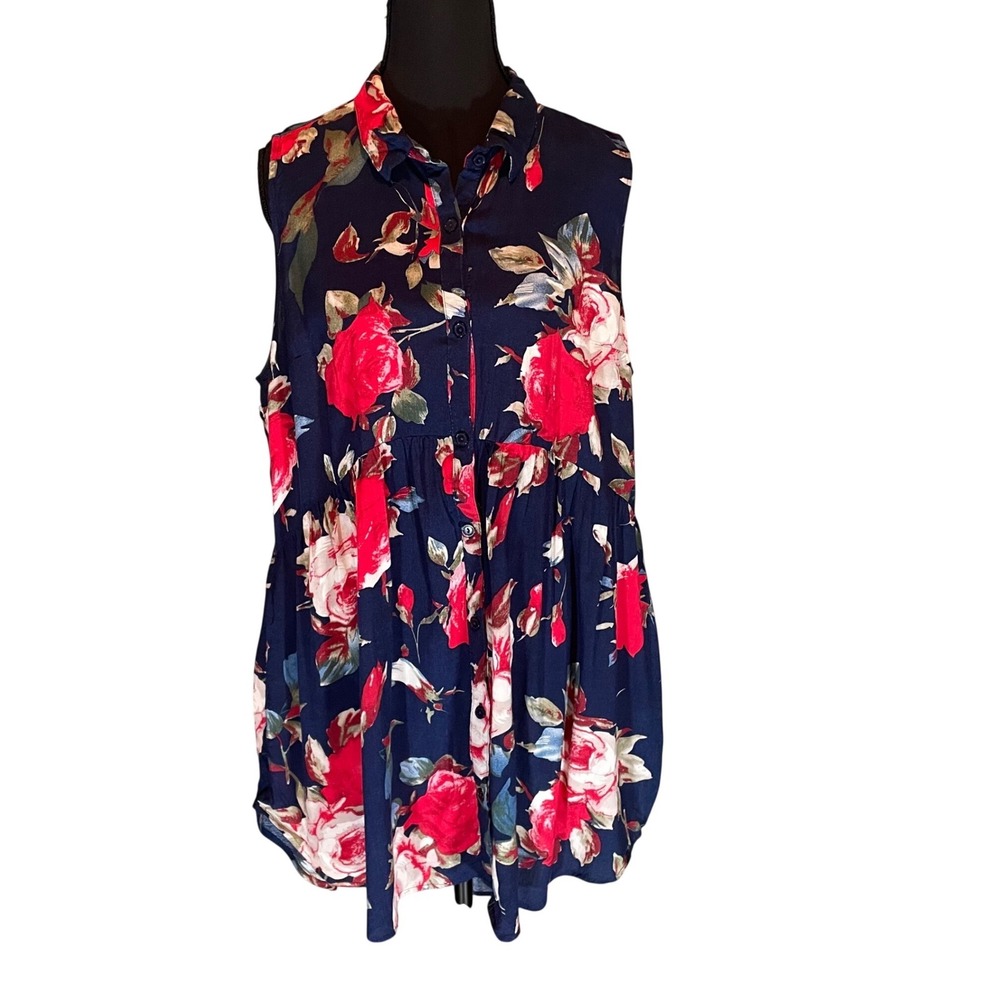 Umgee‎ Womens XL Navy Blue Red Rose Floral Sleeveless Button Front Tunic Boho